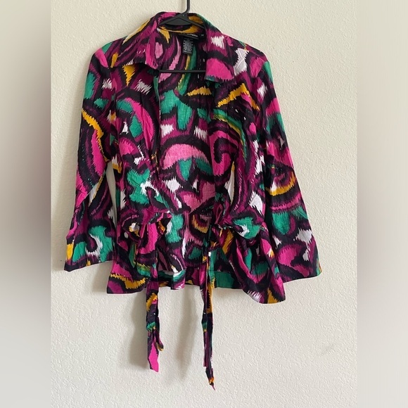 BellaPelle woman front tie blouse size M colorful abstract 100% cotton sexy open - Picture 9 of 9